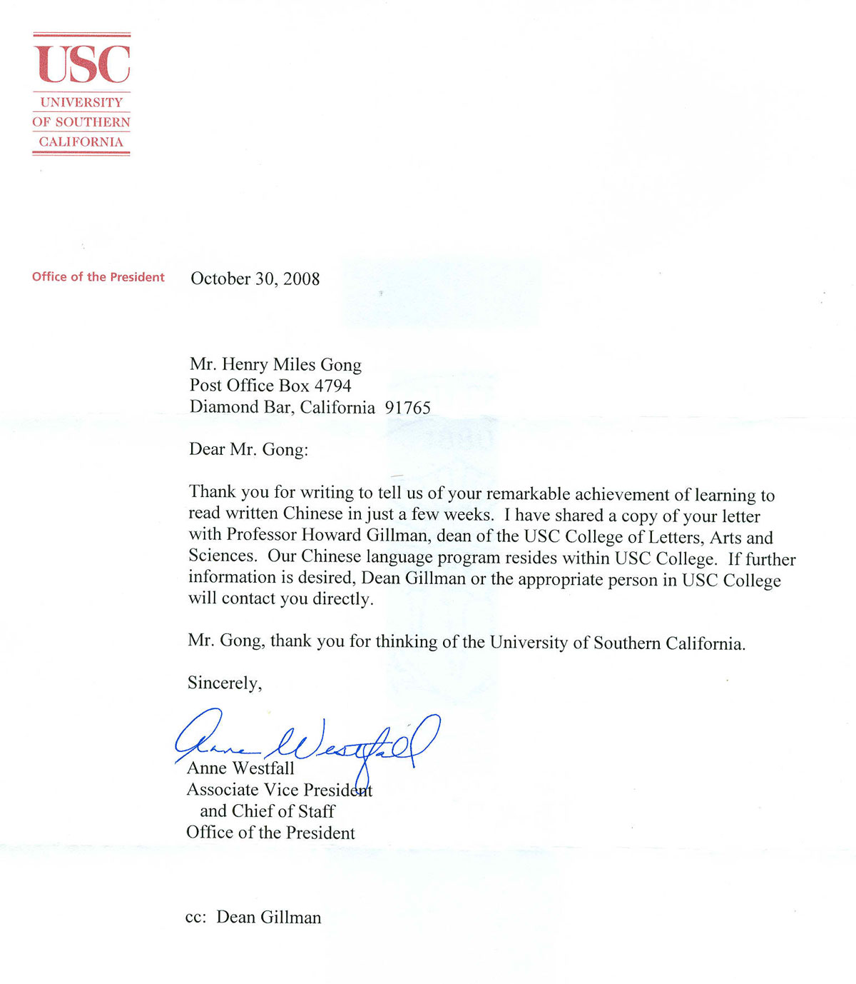 University of Southern California Review Letter